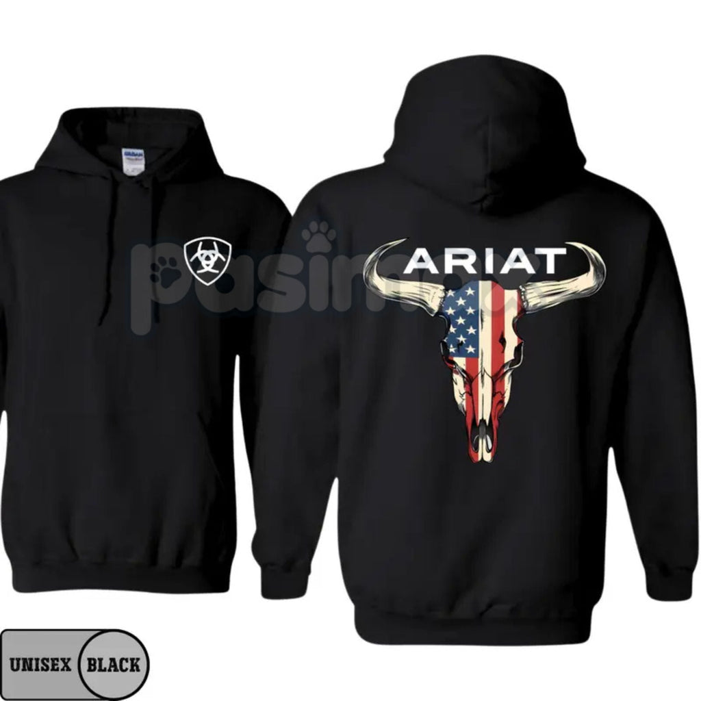 Ariat Hoodie – American Flag Bull Skull Western Cowboy Pullover, Patriotic & Rustic Outdoors Apparel, Unisex - Frontier Outfitters Frontier Outfitters