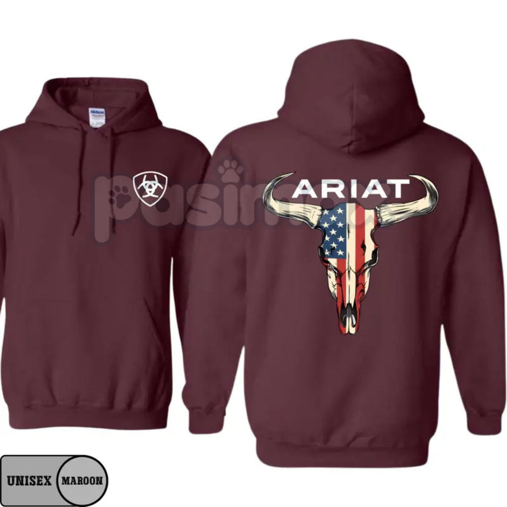 Ariat Hoodie – American Flag Bull Skull Western Cowboy Pullover, Patriotic & Rustic Outdoors Apparel, Unisex - Frontier Outfitters Frontier Outfitters
