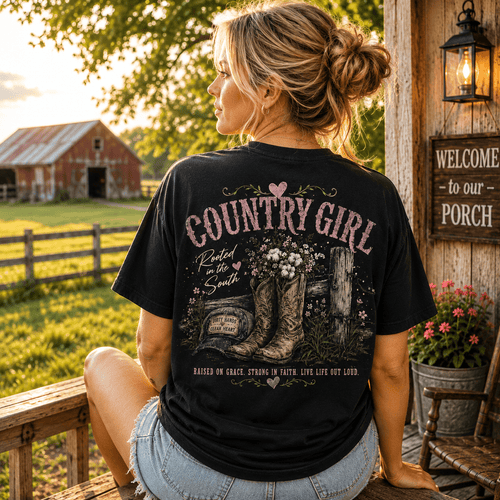 Country Girl Comfort Colors T-Shirt – Rooted in the South Western Boots Graphic Tee by Back Porch Apparel - Frontier Outfitters Frontier Outfitters