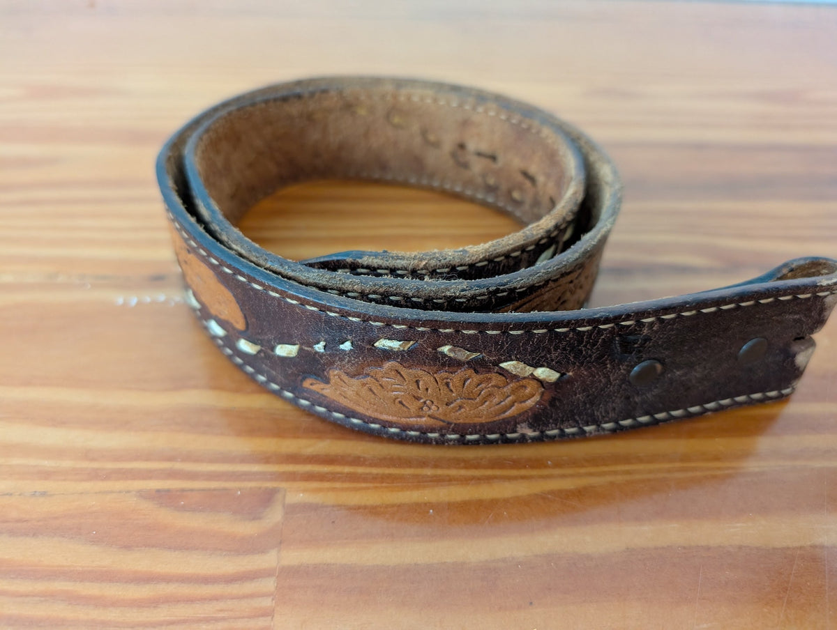 Tooled Leather Belt from Unknown - Apparel / Accessories (Leather Belt, Western, Country, Distressed, Brown, Cream) - Frontier Outfitters Frontier Outfitters